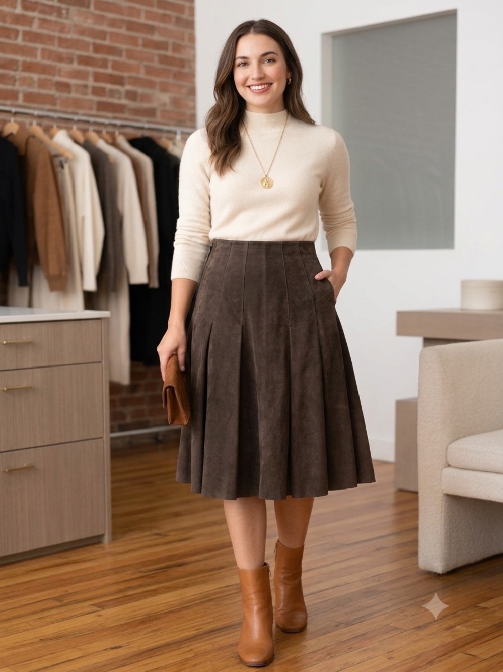 Danier Chocolate Brown Genuine Leather Suede Paneled A-Line Midi Skirt